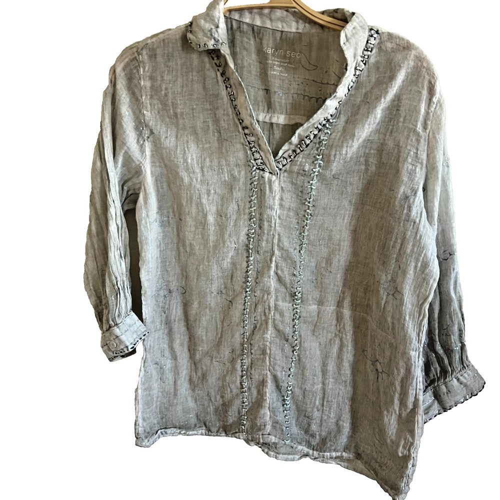 Karyn Seo Sz. Small Handmade India Floral Embroidered Top Shirt Tunic Gauzy Boho